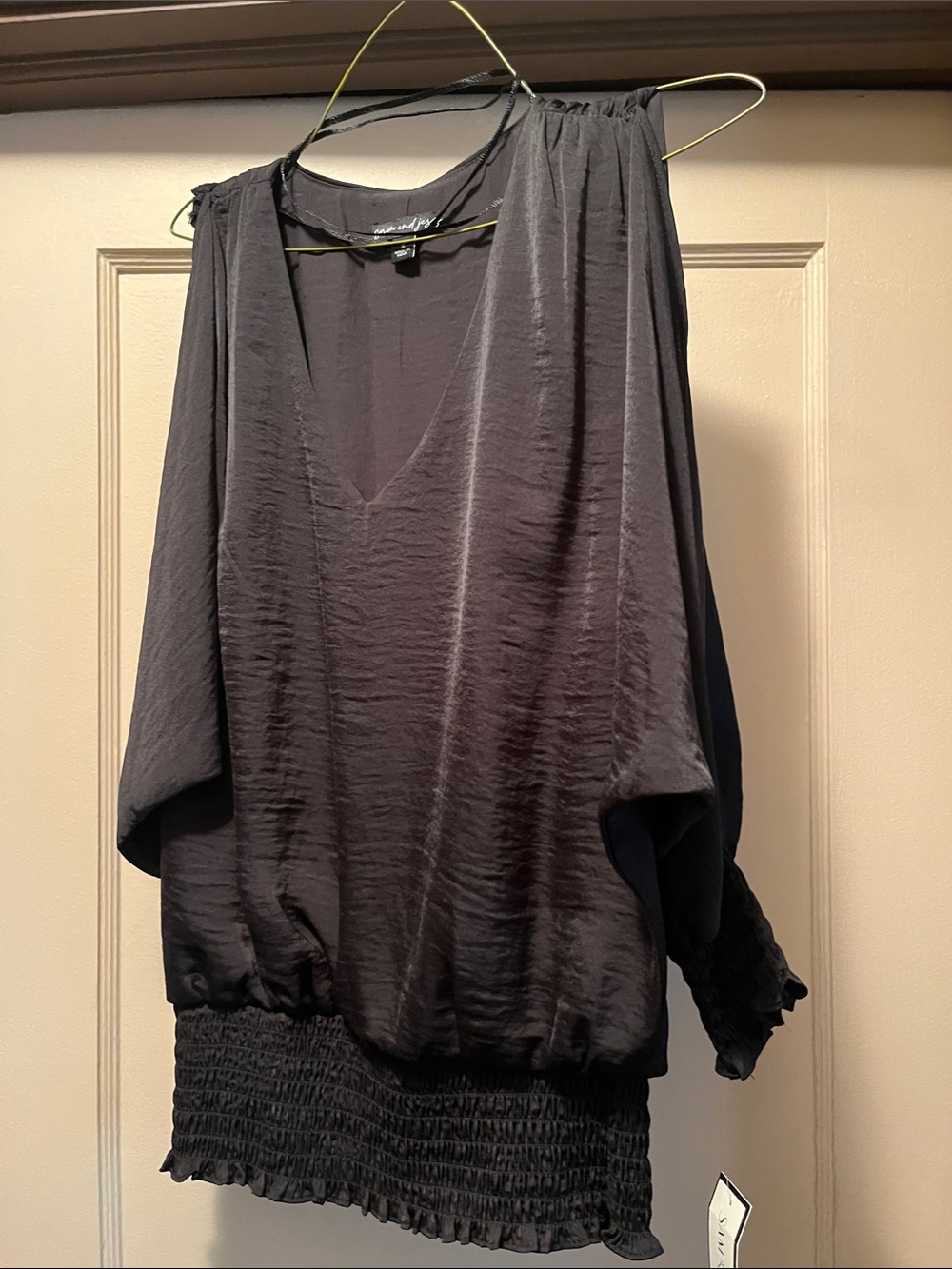 Sam and Jess Black Smocked Cold Shoulder Long Sleeve Top with Ruffle Hem